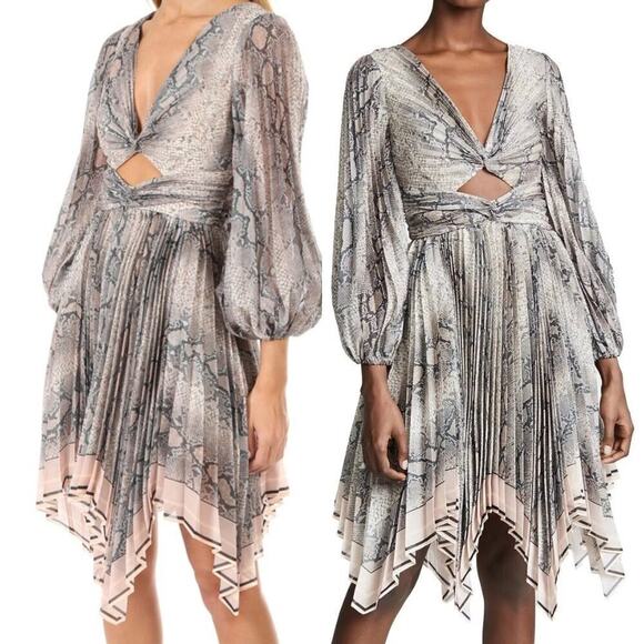 ZIMMERMANN CUTOUT PLEATED LONG SLEEVE MINI DRESS IN PINK & NEUTRAL SIZE US 4 - Picture 1 of 12